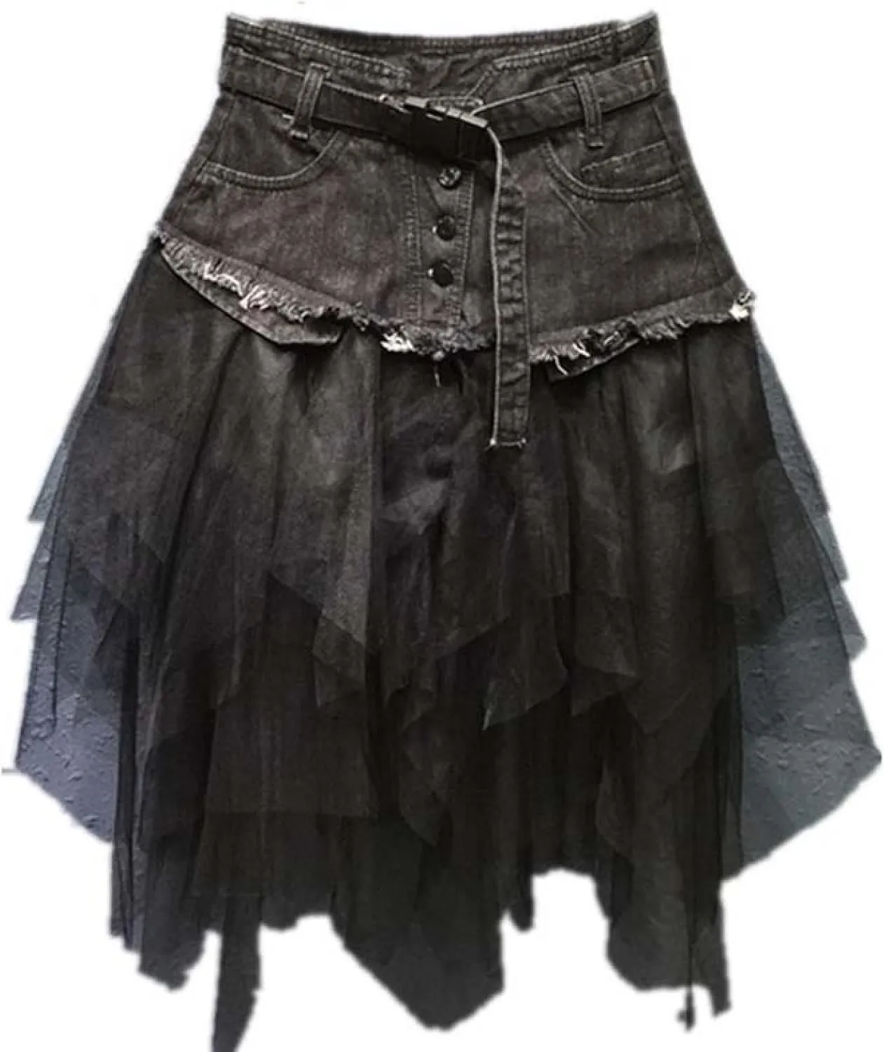 Women Denim Mesh Patchwork Lace Skirt High Waist A Line Asymmetric Frill Tulle Gothic Skirts Mini Denim Skirt