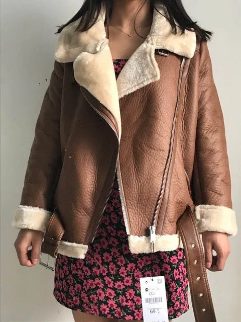 Women  faux leather jacket  with belt turn down collar Ladies coat