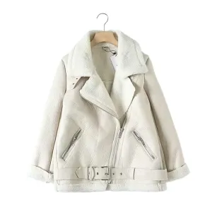 Women  faux leather jacket  with belt turn down collar Ladies coat