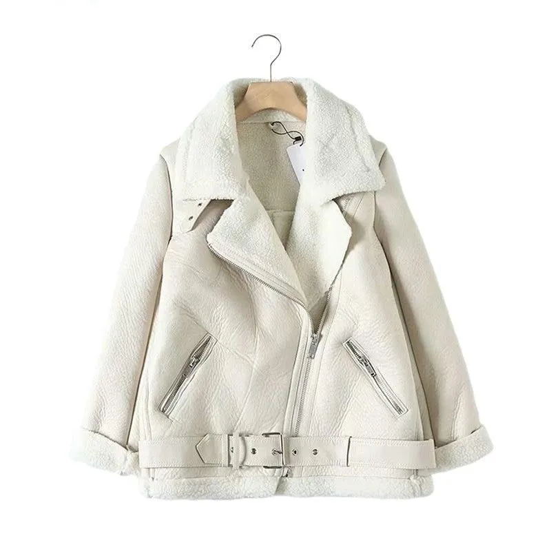 Women  faux leather jacket  with belt turn down collar Ladies coat