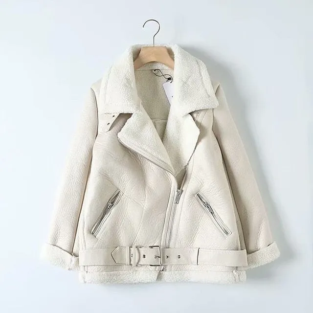 Women  faux leather jacket  with belt turn down collar Ladies coat