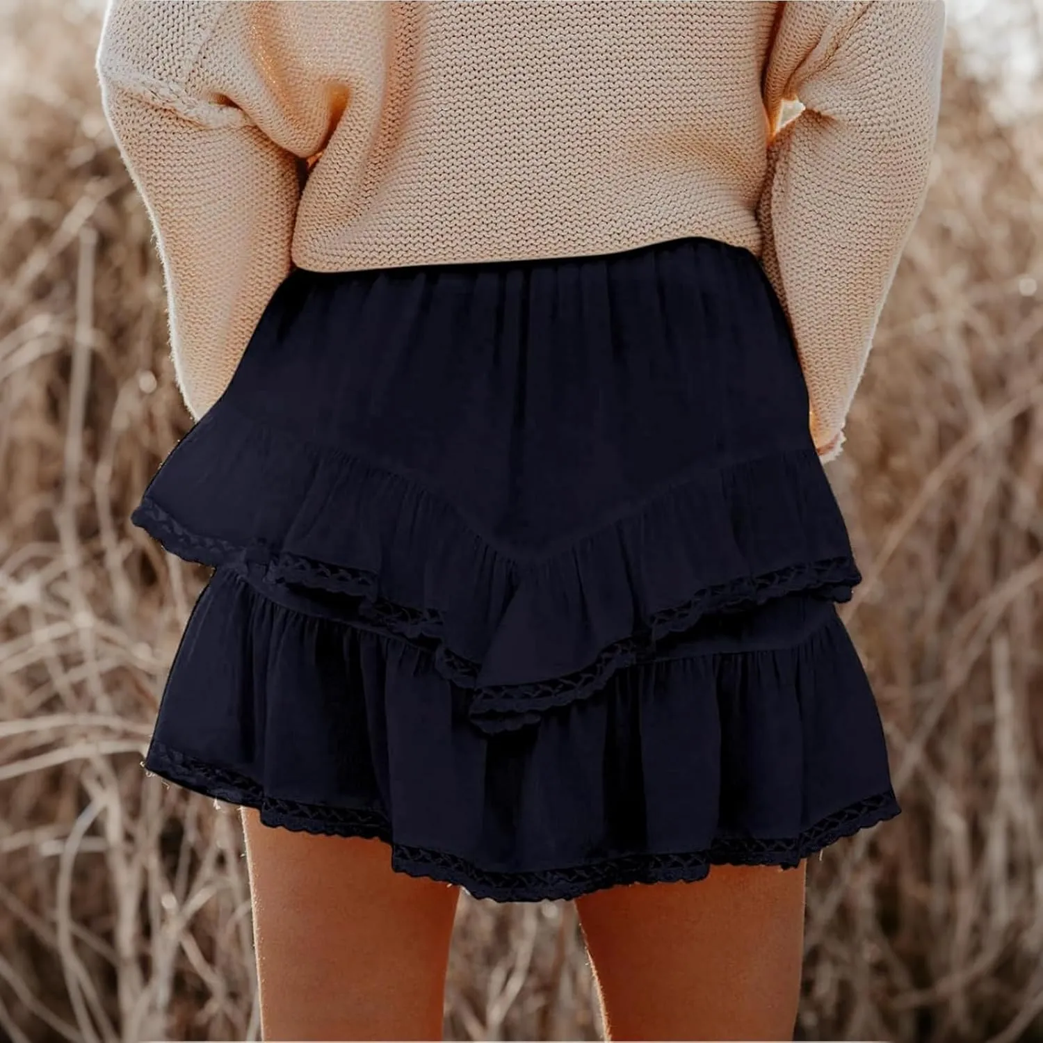 Women Flowy Shorts Casual Boho Ruffle Skirts Cute Crochet Tiered Skorts Summer Mini Skirt with Shorts Y2K Skirt