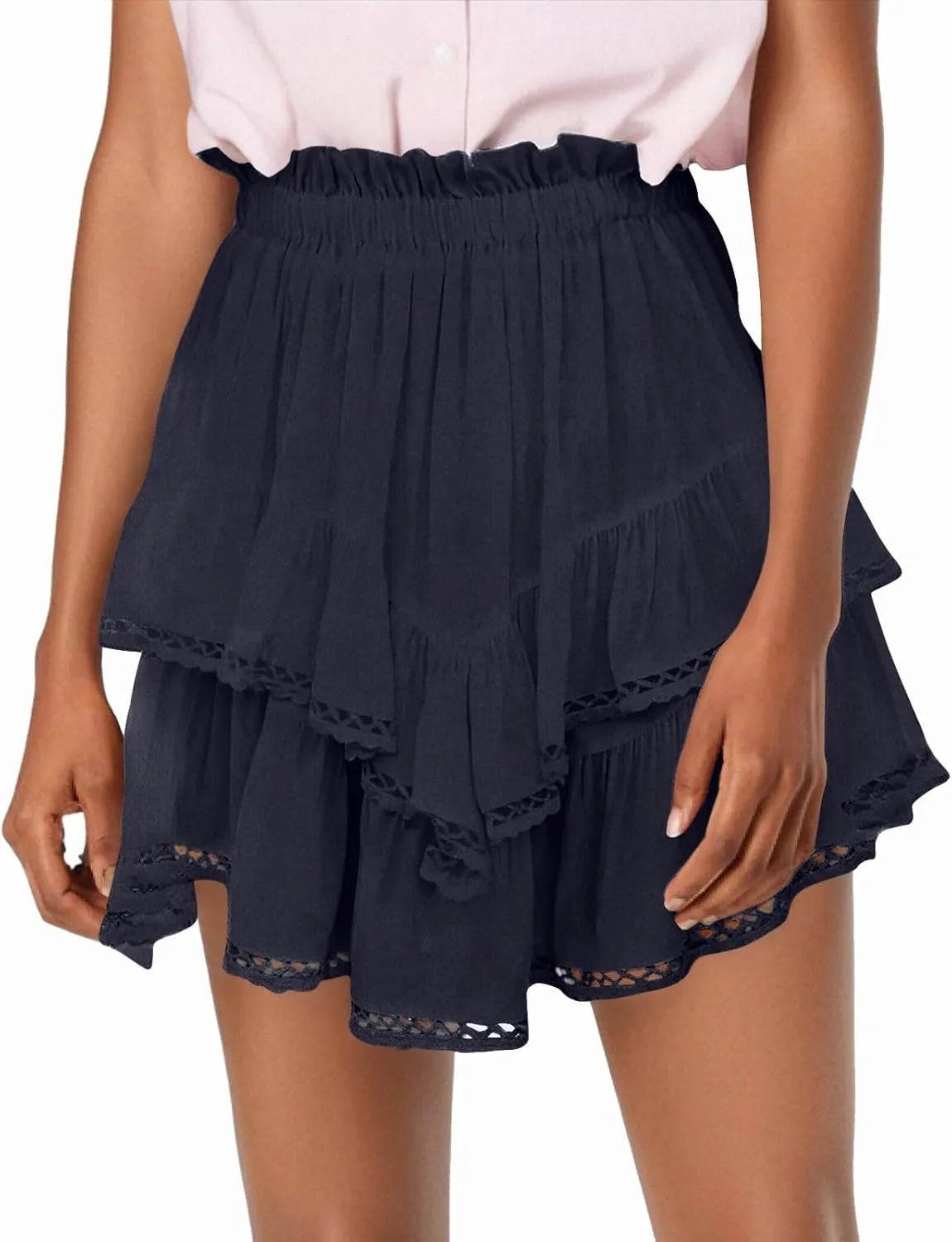 Women Flowy Shorts Casual Boho Ruffle Skirts Cute Crochet Tiered Skorts Summer Mini Skirt with Shorts Y2K Skirt