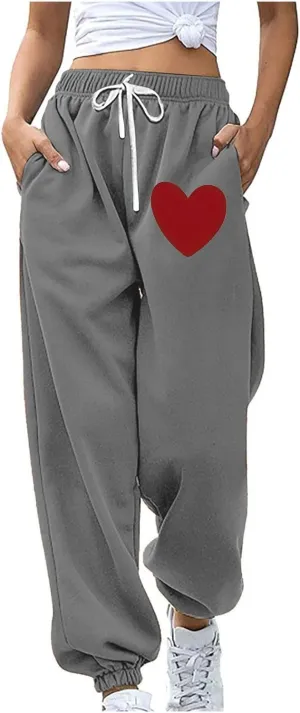 Women Heart Print Sweatpants High Waist Baggy Sweatpants Joggers Sport Active Trousers Workout Pants with Pockets