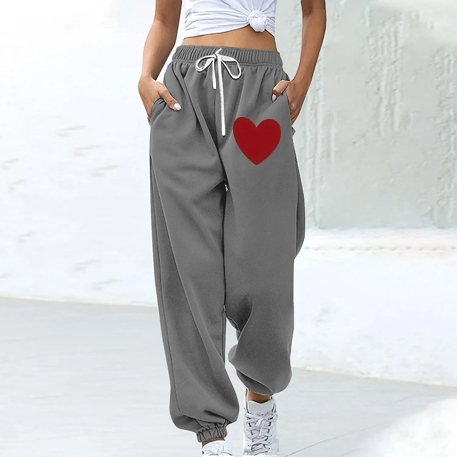 Women Heart Print Sweatpants High Waist Baggy Sweatpants Joggers Sport Active Trousers Workout Pants with Pockets