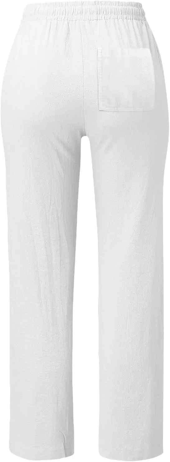 Women High Waist Straight Leg Pants Casual Elastic Waist Cotton Linen Wide Leg Pants Solid Summer Drawstring Trousers