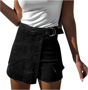 Women Jean Shorts 2025 Summer High Waisted Aline Y2K Mini Denim Skirt with Pockets Trendy Casual Shorts