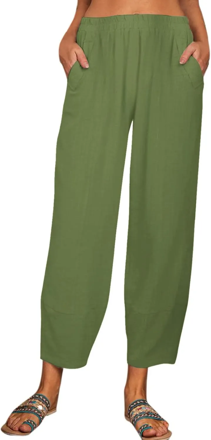 Women Linen Summer Flowy Palazzo Lounge Pants Elastic Waist Bootcut Slim Fit Trousers Trendy