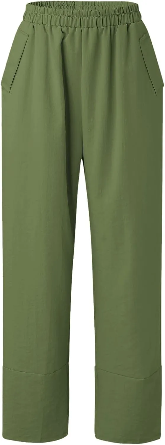 Women Linen Summer Flowy Palazzo Lounge Pants Elastic Waist Bootcut Slim Fit Trousers Trendy