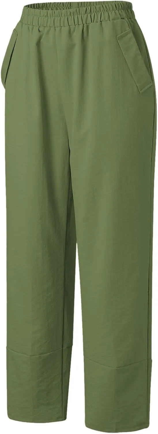 Women Linen Summer Flowy Palazzo Lounge Pants Elastic Waist Bootcut Slim Fit Trousers Trendy
