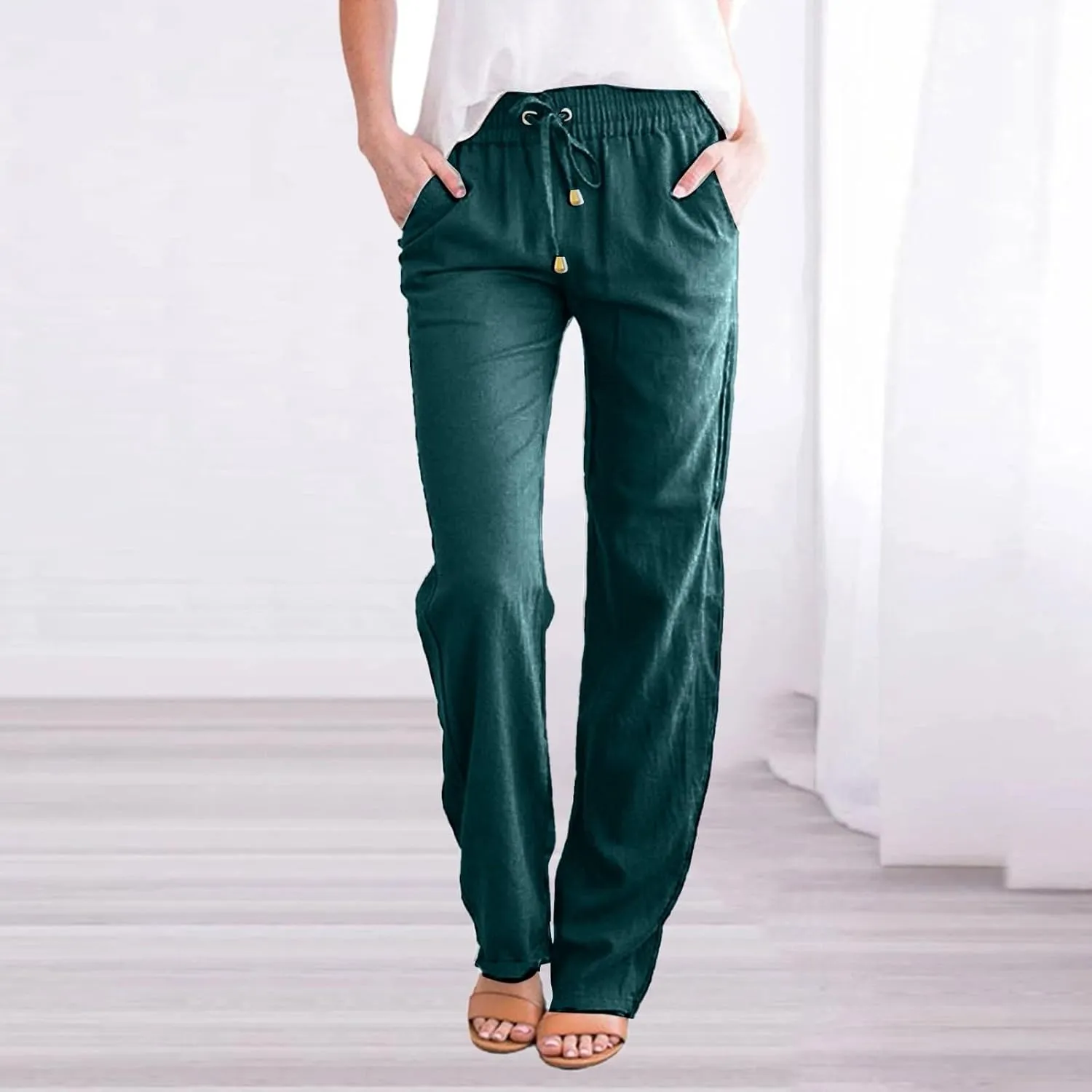 Women Linen Summer Solid Palazzo Lounge Pants Low Waist Stretchy Straight Loose Fit Trousers Office