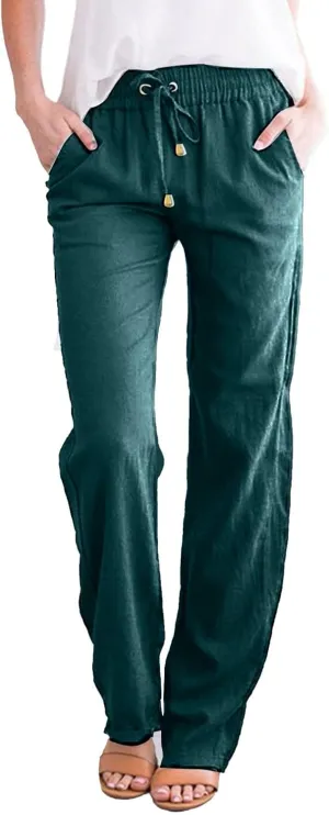 Women Linen Summer Solid Palazzo Lounge Pants Low Waist Stretchy Straight Loose Fit Trousers Office