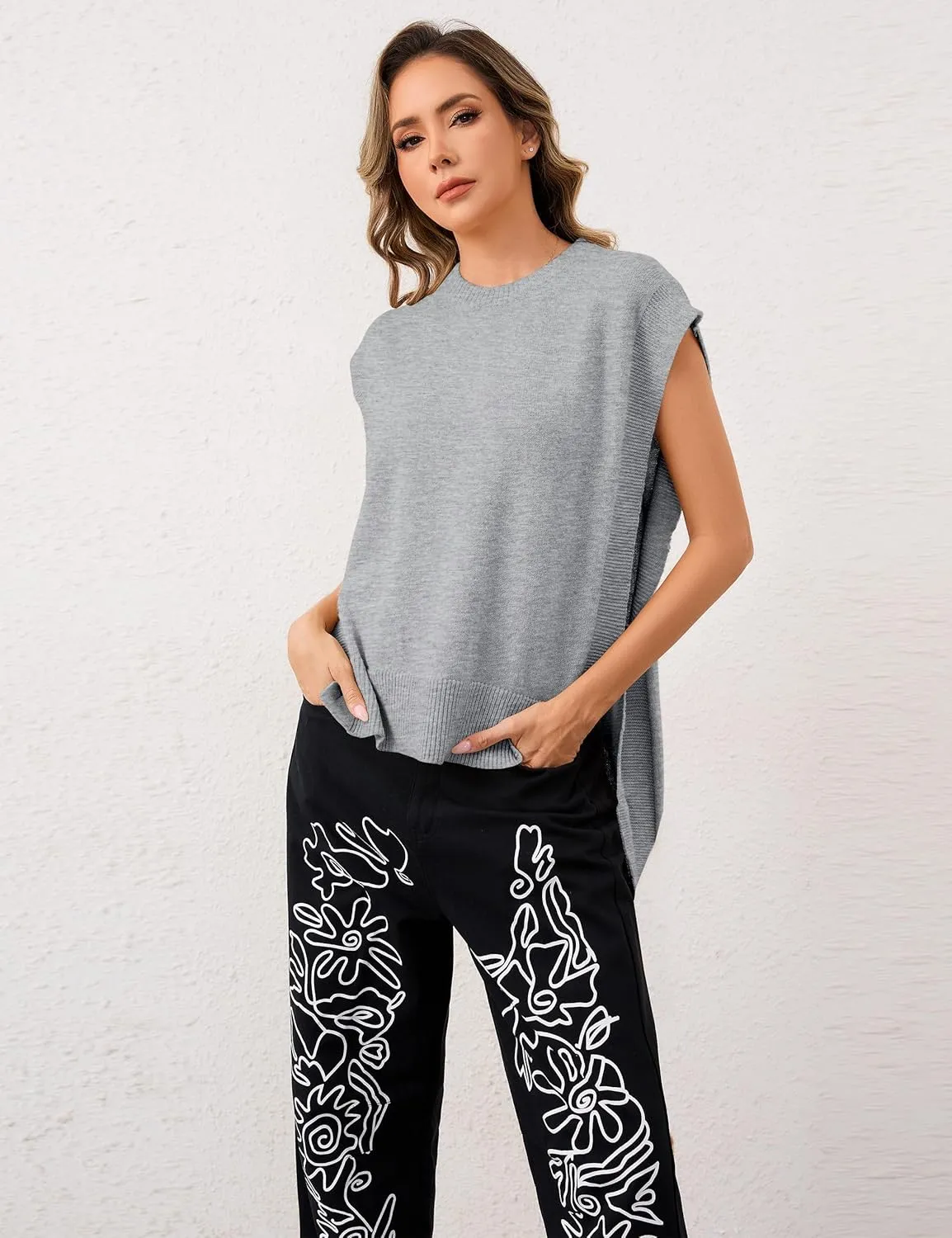 Women Oversized Crew Neck Sleeveless Sweater Vest Top High Low Hem Tie Up Knitted Pullover Tank Tops