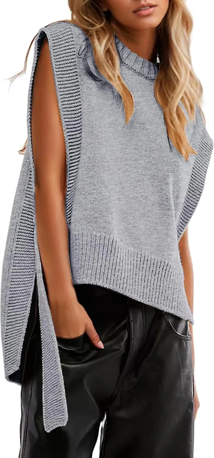 Women Oversized Crew Neck Sleeveless Sweater Vest Top High Low Hem Tie Up Knitted Pullover Tank Tops