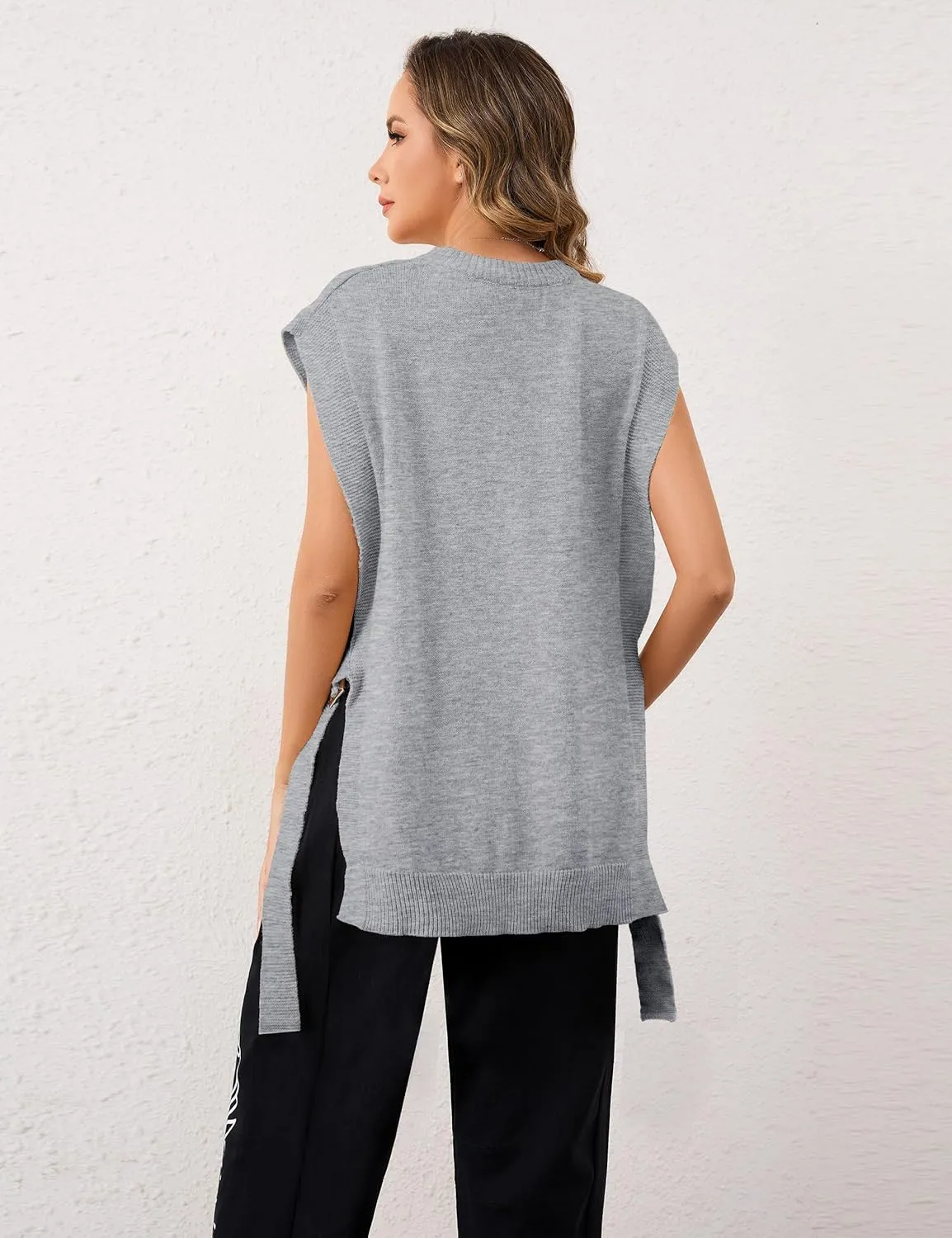 Women Oversized Crew Neck Sleeveless Sweater Vest Top High Low Hem Tie Up Knitted Pullover Tank Tops