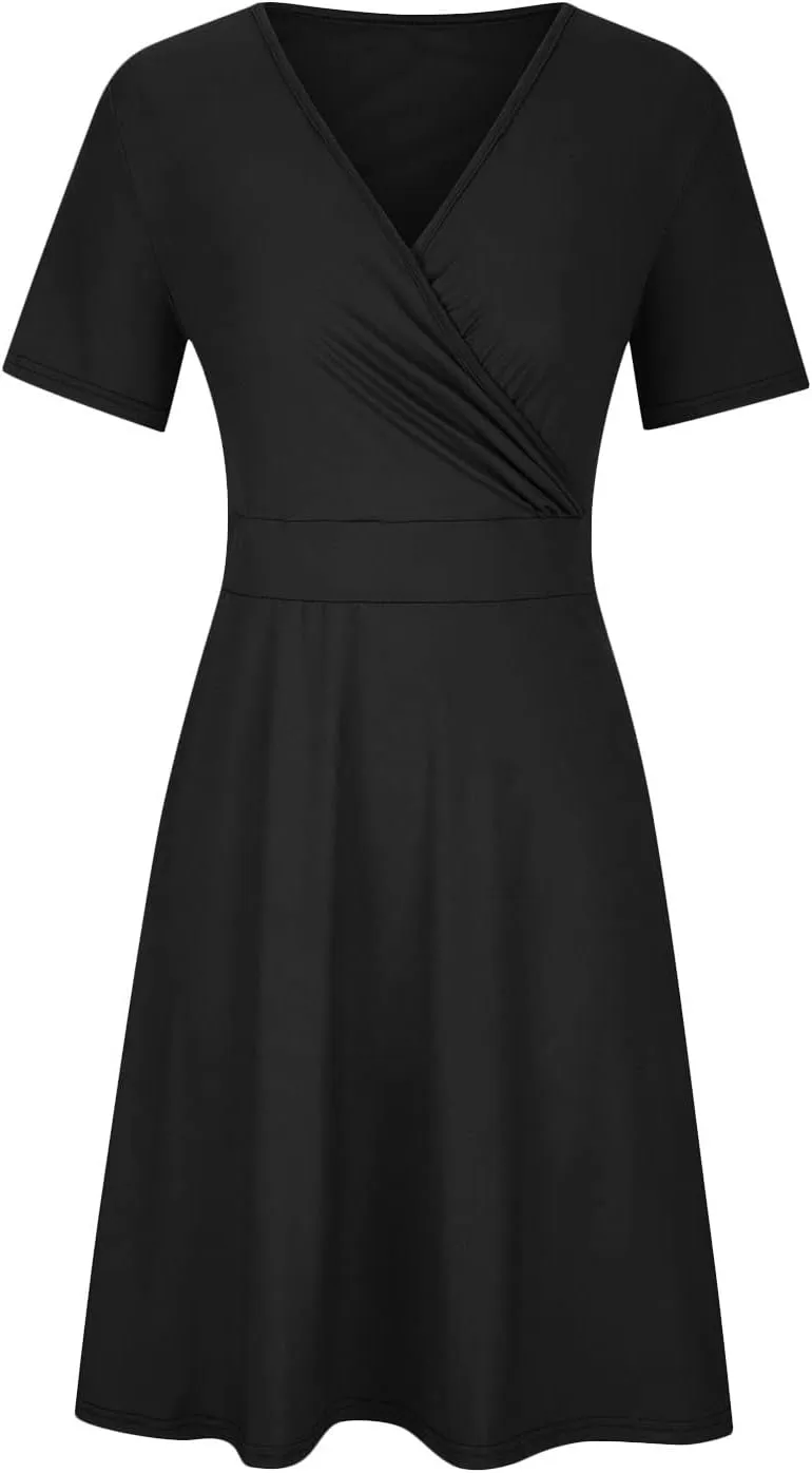 Women Plus Size Boho Dresses Summer Short Sleeve Wrap V-Neck Sundress Solid Color A-line Midi Dress with Pockets