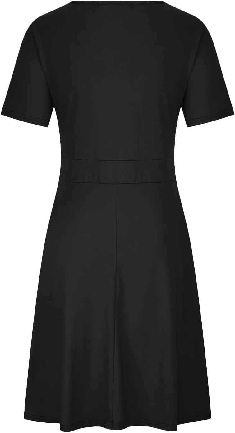 Women Plus Size Boho Dresses Summer Short Sleeve Wrap V-Neck Sundress Solid Color A-line Midi Dress with Pockets