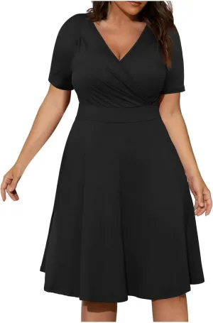 Women Plus Size Boho Dresses Summer Short Sleeve Wrap V-Neck Sundress Solid Color A-line Midi Dress with Pockets