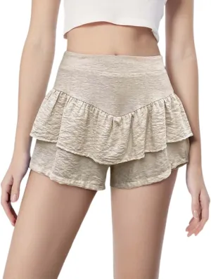 Women Smocked Ruffle Mini Skirts Summer High Waisted Tiered Cute Short Flowy Skirt Casual Trendy Loose Beach Short Pants