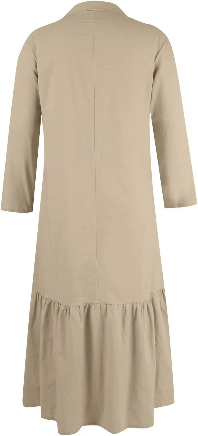 Women Spring Summer V Neck 3/4 Length Sleeve Maxi Dresses with Pockets Loose Cotton Linen Shirt Dress Casual Dress