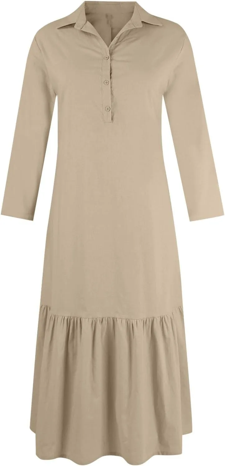 Women Spring Summer V Neck 3/4 Length Sleeve Maxi Dresses with Pockets Loose Cotton Linen Shirt Dress Casual Dress
