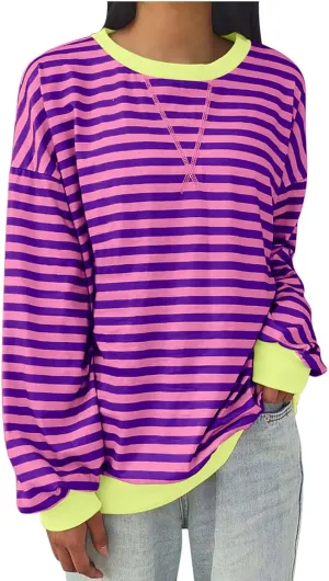 Women Striped Crew Neck Sweatshirts Oversized Pullover Shirt Tops Lightweight Preppy Hoodies Trendy Fall Clothes 2024