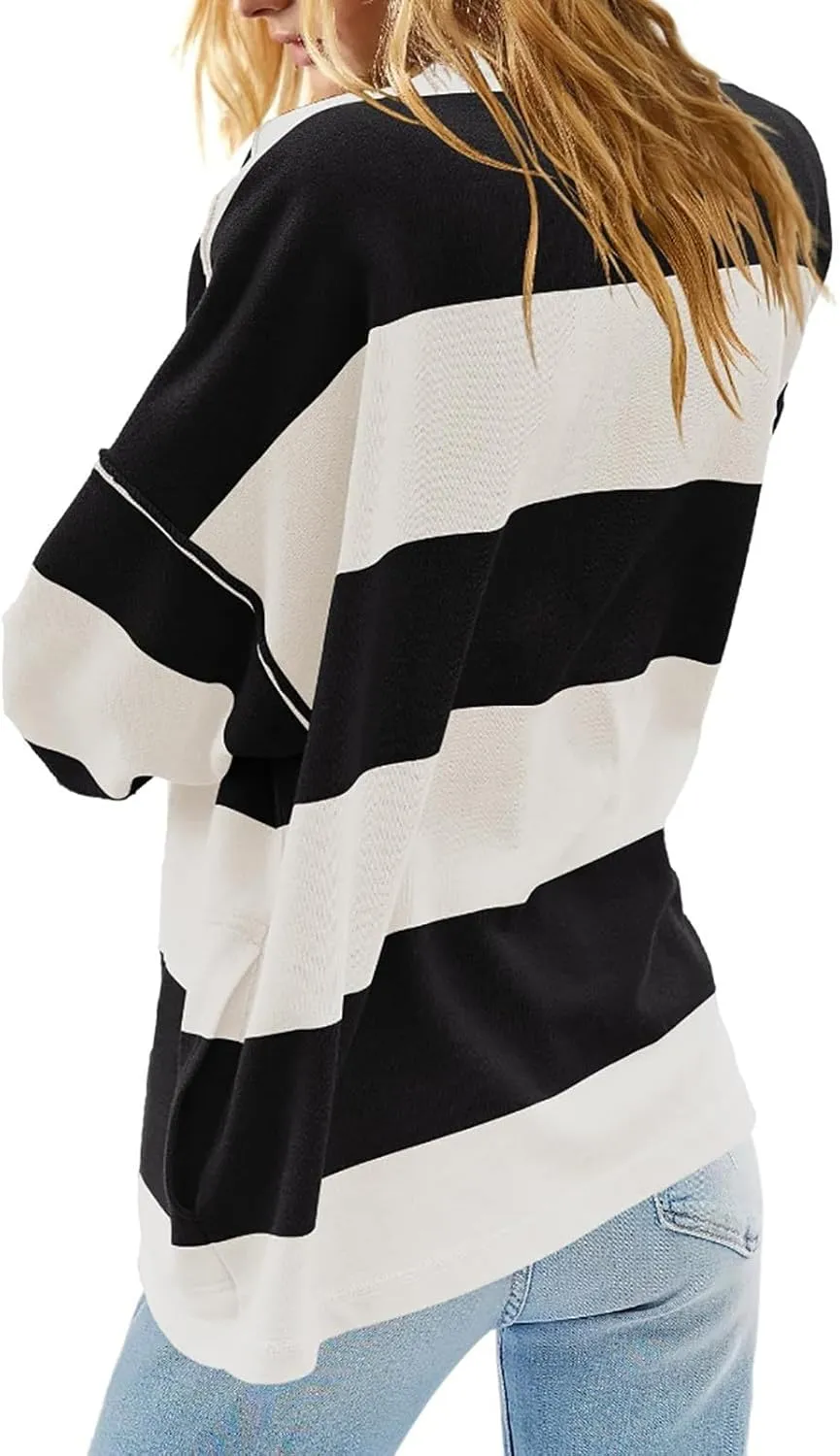 Women Striped Shirt V Neck Quarter Zip Pullover Color Block 3/4 Sleeve Half Zip Oversized Sweatshirt with Pockets