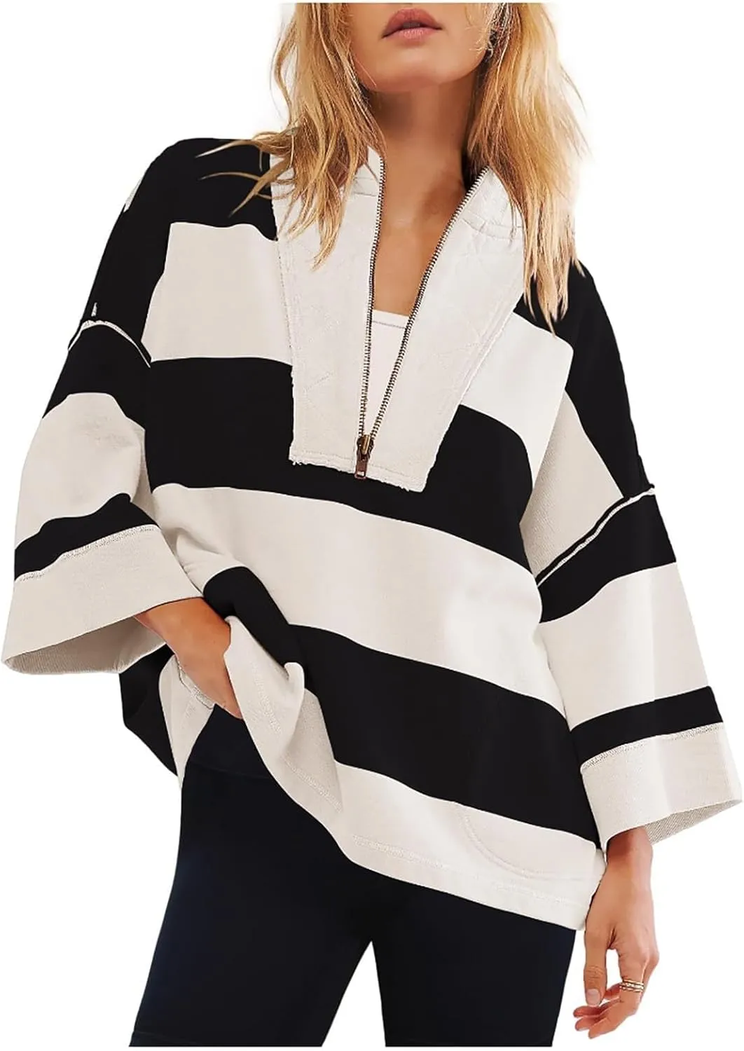 Women Striped Shirt V Neck Quarter Zip Pullover Color Block 3/4 Sleeve Half Zip Oversized Sweatshirt with Pockets
