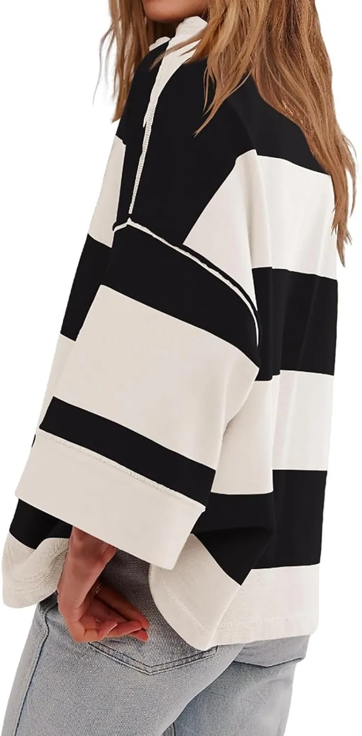 Women Striped Shirt V Neck Quarter Zip Pullover Color Block 3/4 Sleeve Half Zip Oversized Sweatshirt with Pockets