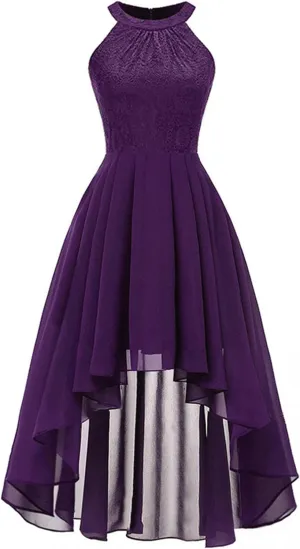 Women Summer Beach Sleeveless Dresses Empire Waist Lace High Low Midi Dress Wedding Guest Party Flare Swing Dresses Purple