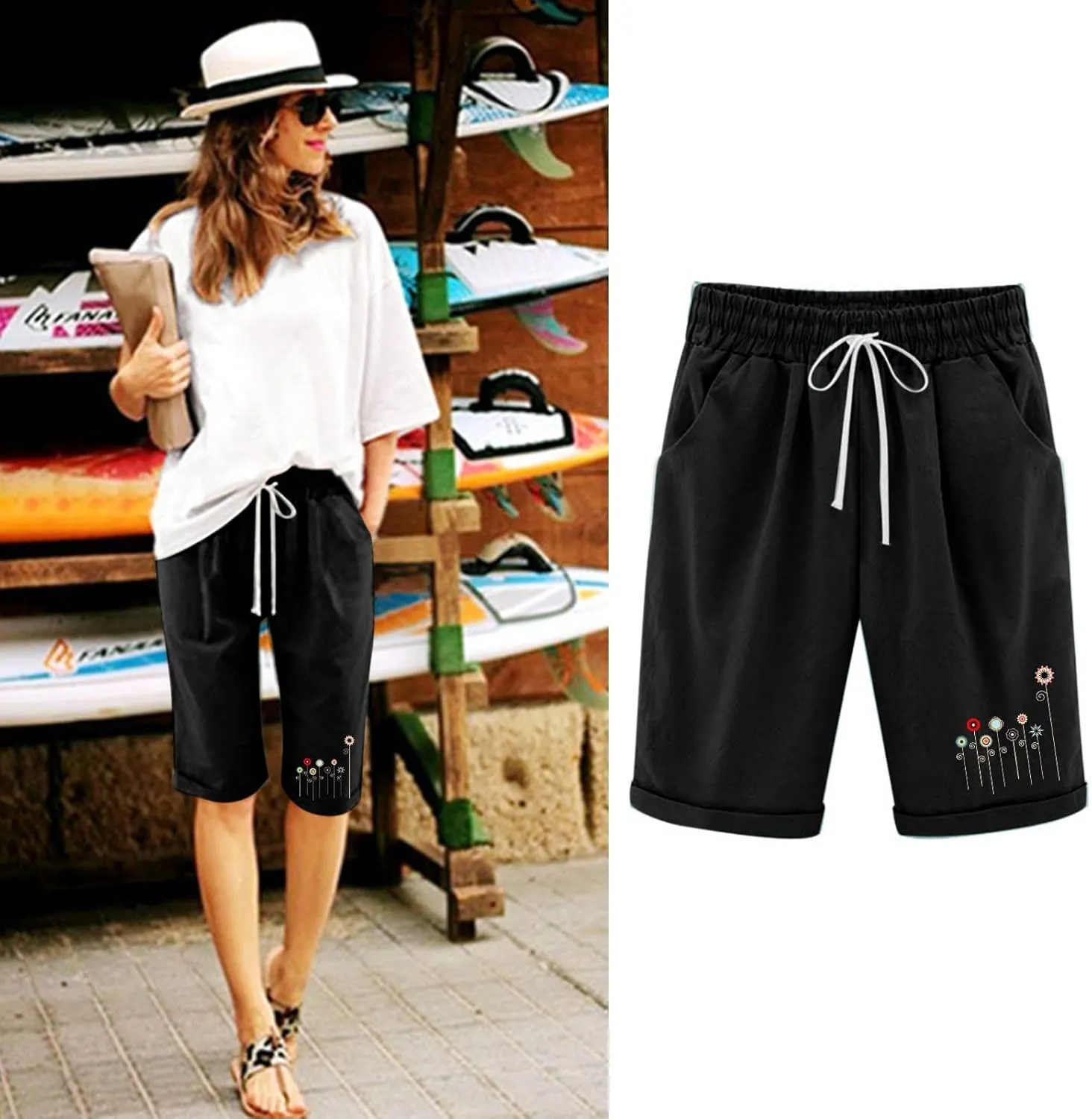 Women Summer Plus Size Casual Shorts Trendy Pleated Smocked Waist Roll-up Leg Trouser Jogger Running Lounge Sweatpant