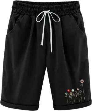 Women Summer Plus Size Casual Shorts Trendy Pleated Smocked Waist Roll-up Leg Trouser Jogger Running Lounge Sweatpant