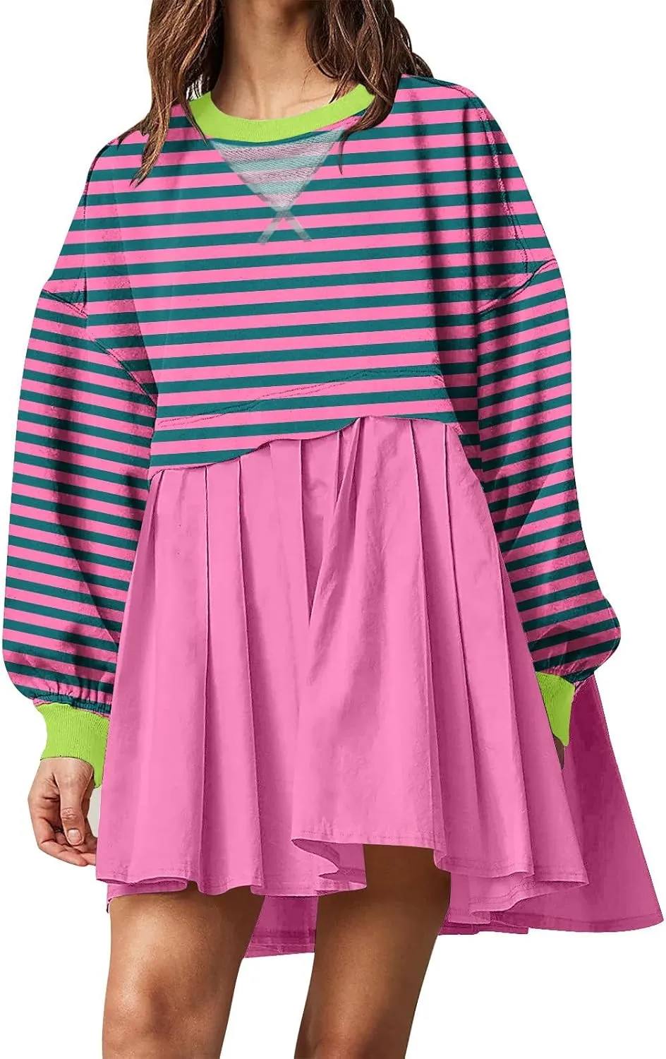 Women Sweatshirts Dress Oversized Striped Long Sleeve Crewneck Pullover Tops Casual Mini Dress Fall Outfits 2024
