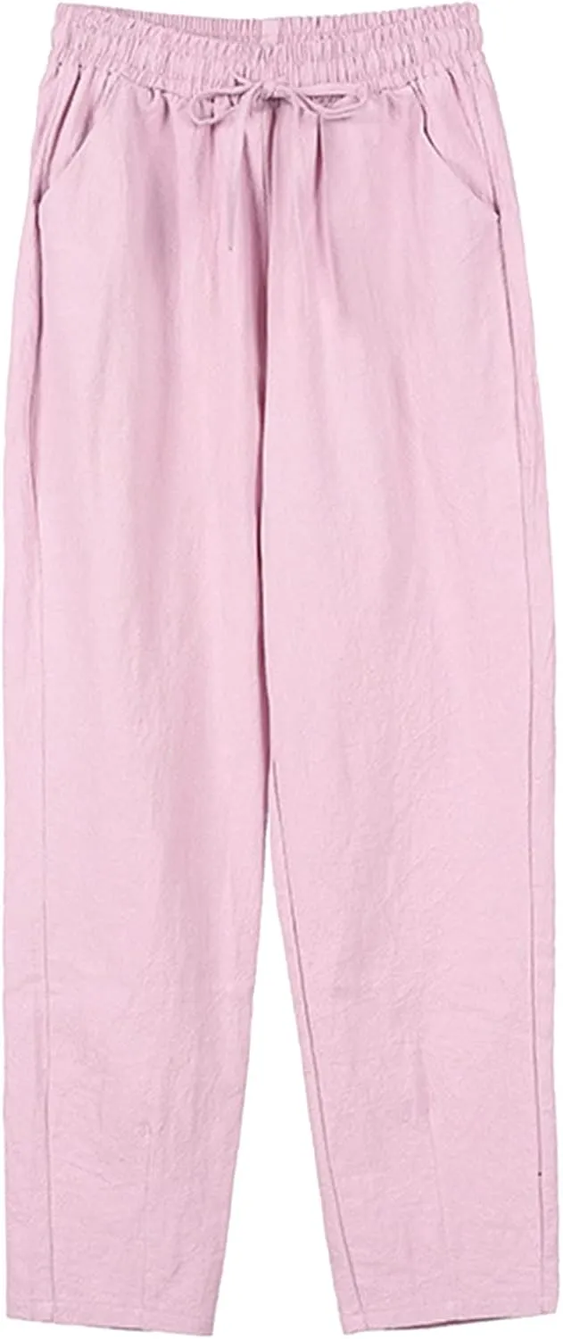 Women Wide Leg Linen Pant Summer Casual Pleated High Waist Drawstring Trouser Office Dress Tummy Control Trendy Pants