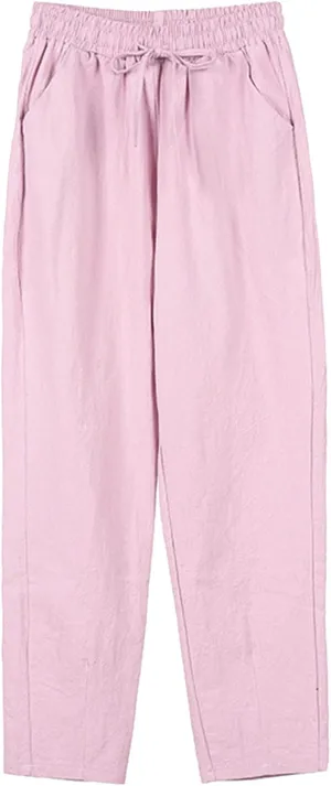 Women Wide Leg Linen Pant Summer Casual Pleated High Waist Drawstring Trouser Office Dress Tummy Control Trendy Pants