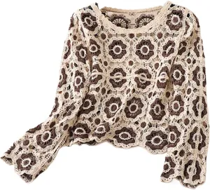 Women Y2k Crochet Floral Knit Pullover Long Sleeve V Neck Sweater Aesthetic Hollow Out Oversized Jumper Top