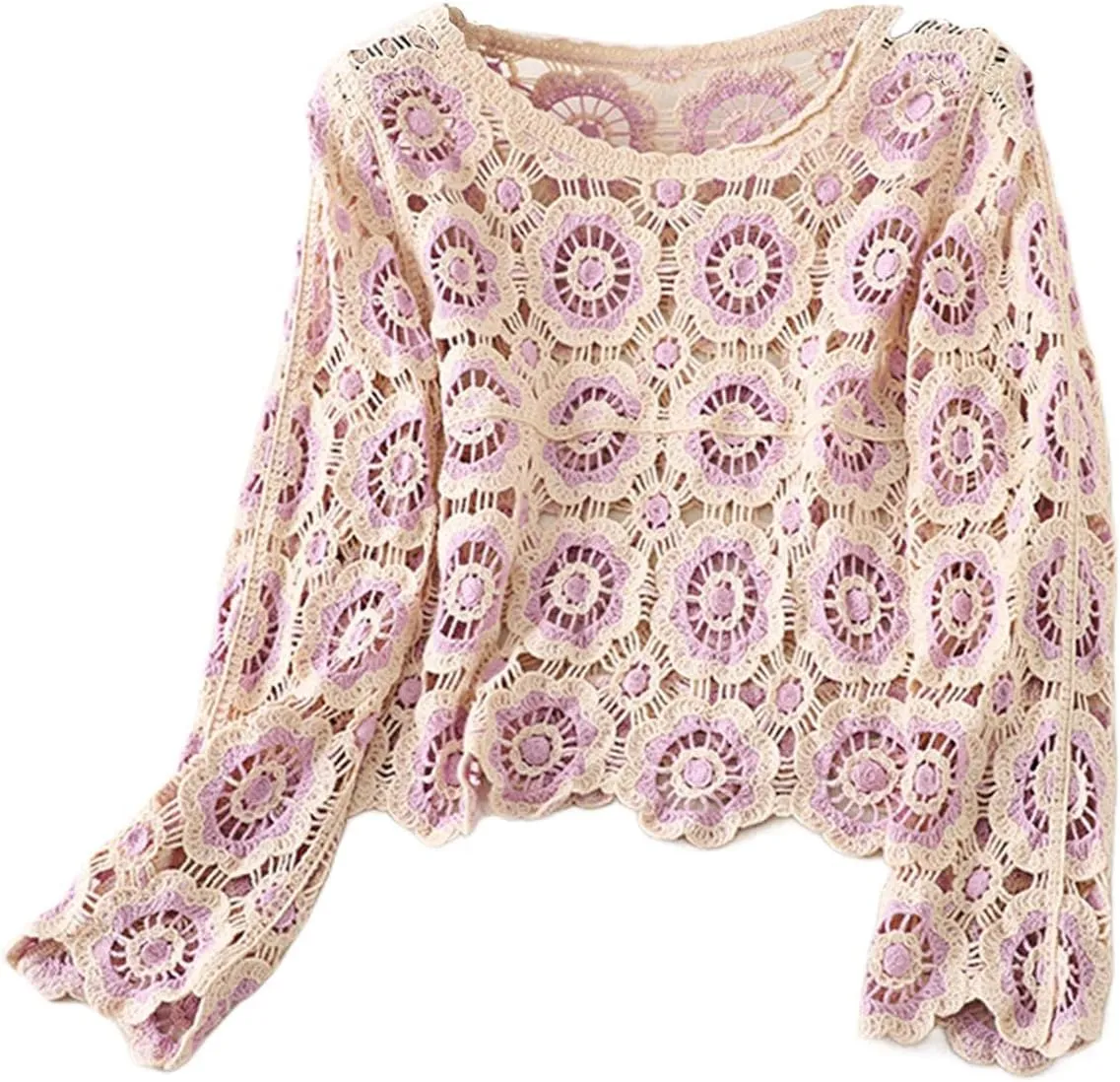 Women Y2k Crochet Floral Knit Pullover Long Sleeve V Neck Sweater Aesthetic Hollow Out Oversized Jumper Top