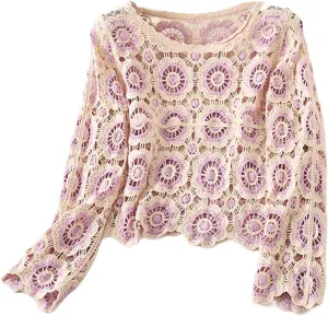 Women Y2k Crochet Floral Knit Pullover Long Sleeve V Neck Sweater Aesthetic Hollow Out Oversized Jumper Top