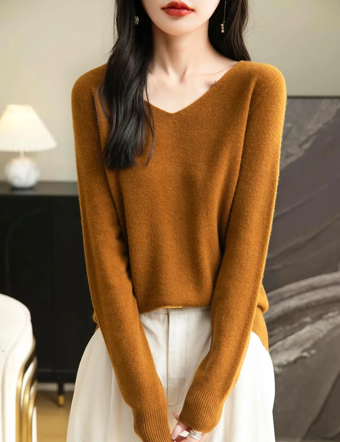 Women's 100% Merino Wool V Neck Sweater 2025 First-Line Ready to Wear Casual Long Sleeve Seamless Knit Sweater