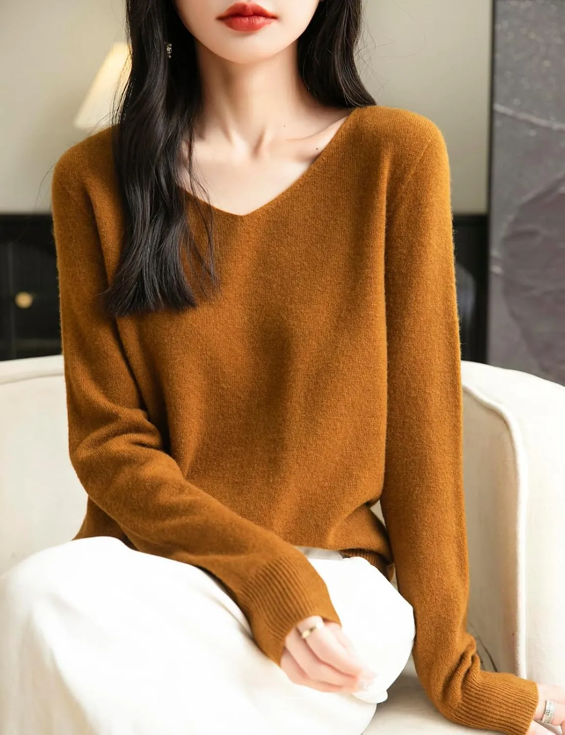 Women's 100% Merino Wool V Neck Sweater 2025 First-Line Ready to Wear Casual Long Sleeve Seamless Knit Sweater