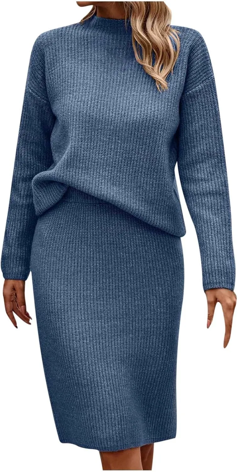 Womens 2023 Fall Two Piece Outfits Ribbed Knit Long Sleeve Pullover Sweater and Midi Skirt Sets Solid Color Loungewear
