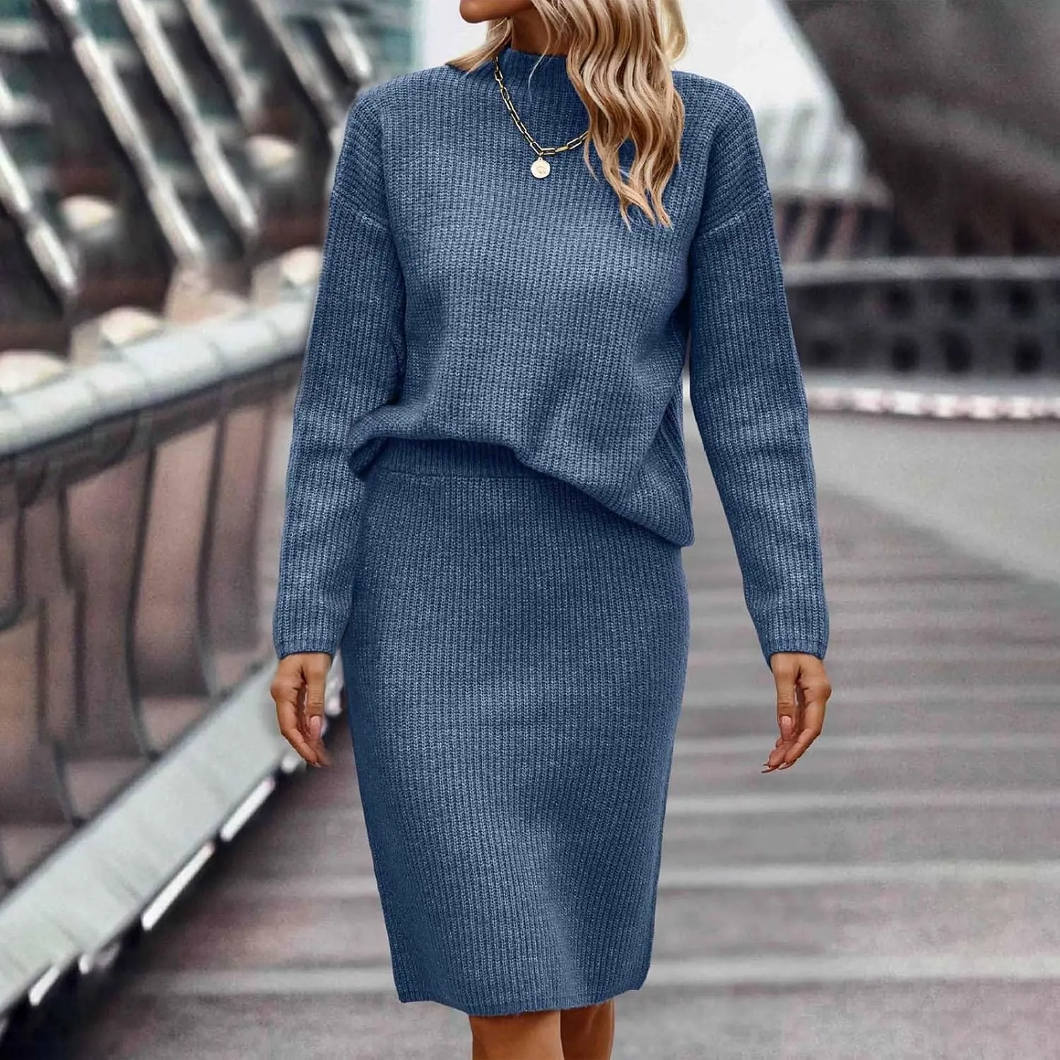 Womens 2023 Fall Two Piece Outfits Ribbed Knit Long Sleeve Pullover Sweater and Midi Skirt Sets Solid Color Loungewear