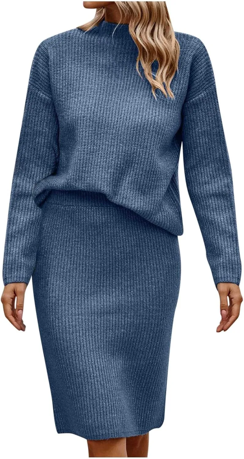 Womens 2023 Fall Two Piece Outfits Ribbed Knit Long Sleeve Pullover Sweater and Midi Skirt Sets Solid Color Loungewear