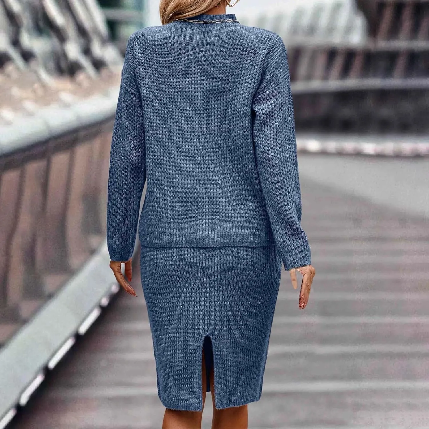 Womens 2023 Fall Two Piece Outfits Ribbed Knit Long Sleeve Pullover Sweater and Midi Skirt Sets Solid Color Loungewear