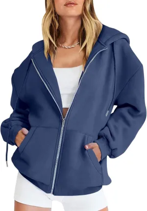 Women's Blank Hoodies Zip Up Long Sleeve Hooded Sweatshirts Oversized Loose Casual Jackets with Pockets Fall Outfits