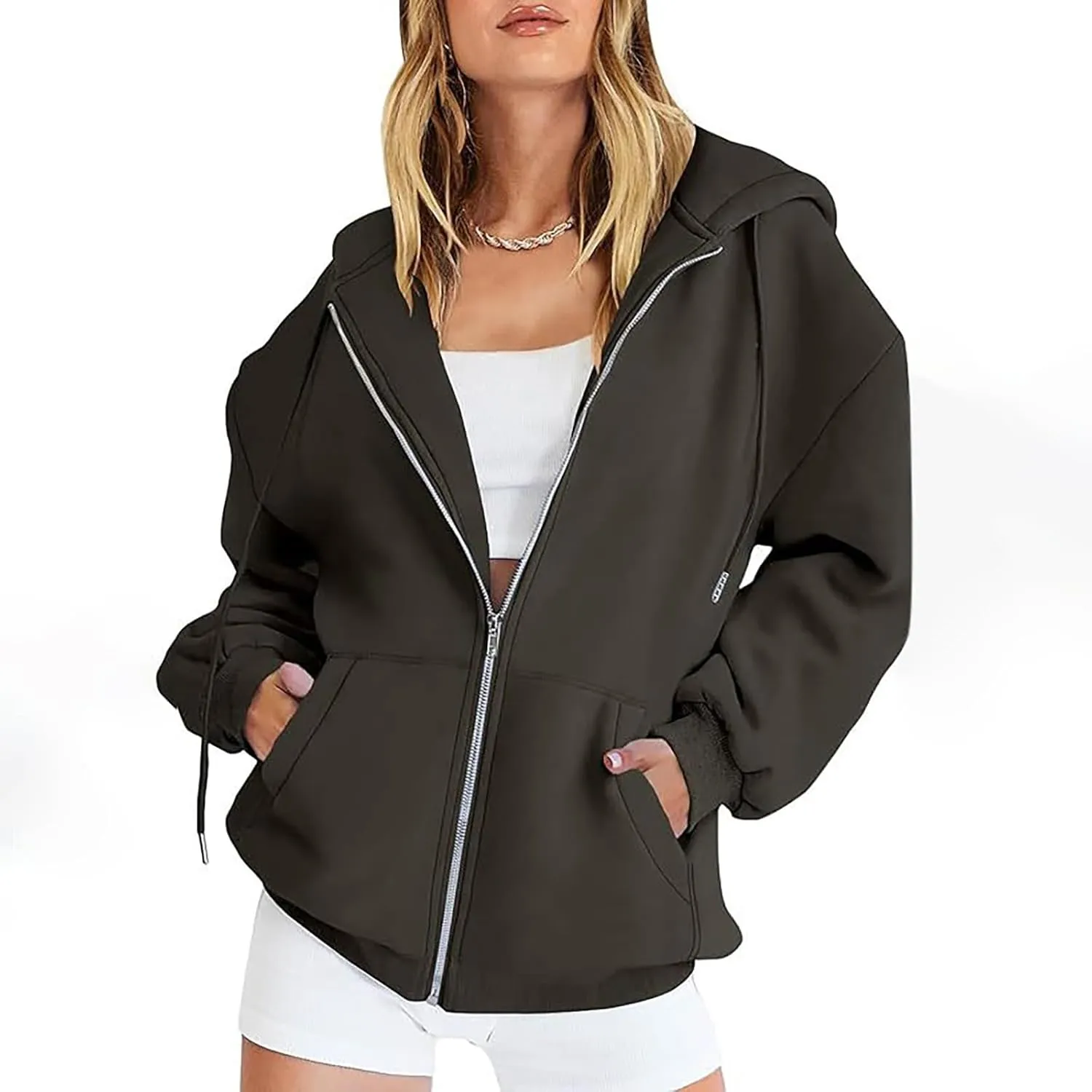 Women's Blank Hoodies Zip Up Long Sleeve Hooded Sweatshirts Oversized Loose Casual Jackets with Pockets Fall Outfits