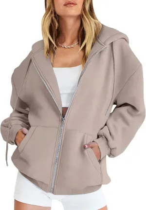 Women's Blank Hoodies Zip Up Long Sleeve Hooded Sweatshirts Oversized Loose Casual Jackets with Pockets Fall Outfits