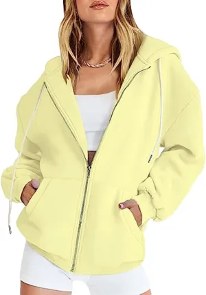 Women's Blank Hoodies Zip Up Long Sleeve Hooded Sweatshirts Oversized Loose Casual Jackets with Pockets Fall Outfits