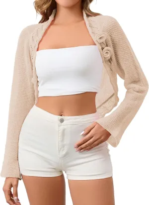 Women's Bolero Shrug Cropped Cardigan Long Sleeve Cute Y2K Tops Flower Open Front Knitted Sweaters