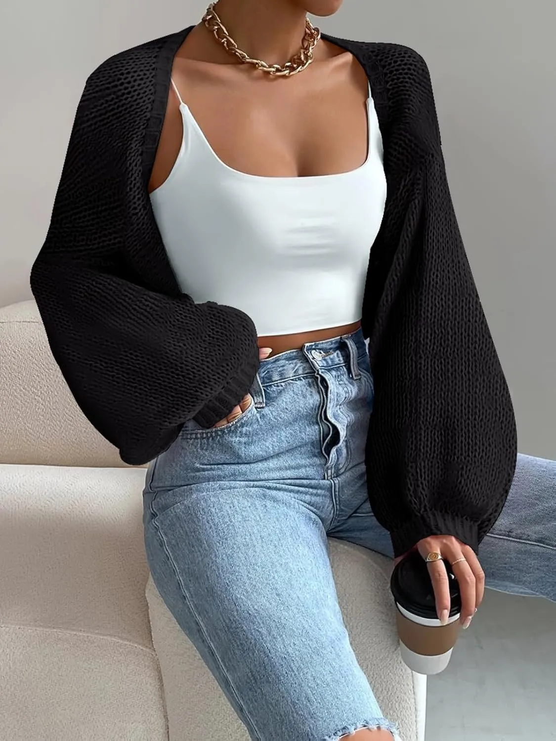 Women's Bolero Shrug Sweater Long Sleeve Open Front Crop Cardigan Top Outerwear